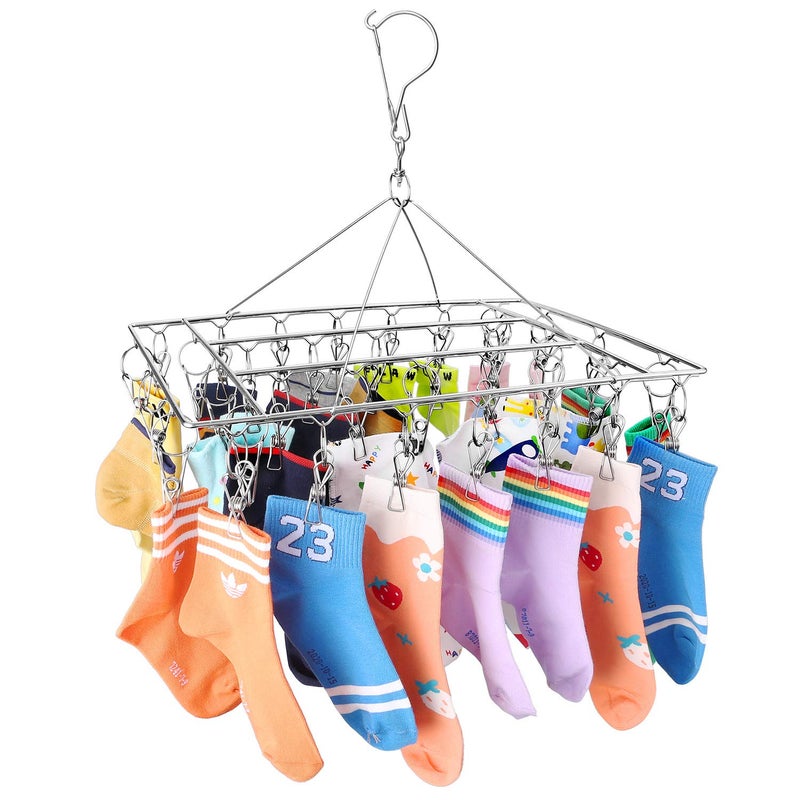 Skroad Stainless Steel Sock Drying Rack with 36 Clips, Swivel Hook Wind-Proof Clothes Hanger Rack for Sock, Bras, Underwear, Laundry Accessories - Image 5